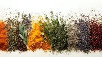 Colorful aromatic spices and herbs arranged in linear pattern with turmeric, paprika, dried parsley, black pepper and chili powder creating vibrant culinary composition.