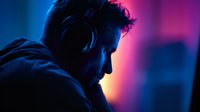 Silhouette of young man in headphones against vibrant neon blue and pink background, creating atmospheric mood for music production or gaming setup.