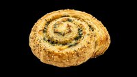 Freshly baked spiral pastry roll with sesame seeds and herbs, isolated on transparent background. Ready for bakery menus, food packaging, culinary designs, print-on-demand products, and digital food illustrations.