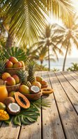 Tropical fruits display on wooden deck with palm trees and ocean view for summer vacation and healthy eating concepts.