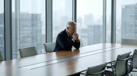 Mature male executive in dark business suit sitting alone at conference table in modern high-rise office with city skyline view, contemplating strategy or decision-making.