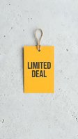 Yellow price tag with Limited Deal text hanging on twine against concrete background, for retail promotions, sales banners, and marketing campaigns.