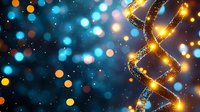 Glowing DNA strand with golden particles and blue bokeh lights against dark background, scientific concept of genetic research and biotechnology.