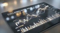 Digital tablet displaying financial market charts and global trading data with golden line graphs and analytics dashboard for business investment analysis.