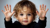 Cheerful toddler with curly hair raising hands up in playful gesture against light background, showing joyful expression and innocent smile.