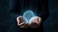 Male hands holding a glowing blue yin yang symbol against a dark digital network background, representing balance and harmony.