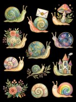 Whimsical snails with ornate spiral shells, mushrooms, castles, flowers, and rainbow details isolated on transparent background. Ready for t-shirt designs, stickers, clipart, sublimation, and print-on-demand projects.