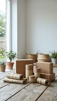 Eco-friendly packaging materials including kraft boxes, paper rolls, and twine arranged on wooden surface with natural light and potted plants for sustainable business concepts.