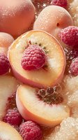 Fresh peach slices and raspberries with water droplets creating refreshing summer fruit composition for healthy eating and culinary designs.