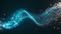 Glowing blue wave of particles with sparkling light effects on dark background, flowing energy stream with bokeh elements creates magical atmosphere.