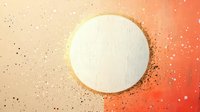 Glowing white circle on coral orange background with scattered particles and dust creating dynamic light effect. Suitable for modern design projects.