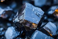 Macro shot of dark cubic crystal formation with reflective surfaces and sharp edges, showing natural mineral structure in blue tones with amber light reflections.