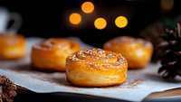 Freshly baked cinnamon rolls with sugar glaze on rustic wooden surface, pine cones and warm bokeh lights create cozy holiday atmosphere.
