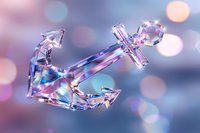 Crystal anchor with pink and blue reflections on blurred bokeh background, maritime symbol in transparent glass effect with iridescent highlights.