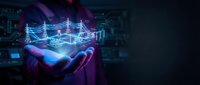 Man holding glowing holographic power grid with electric towers and energy infrastructure in dark tech environment.