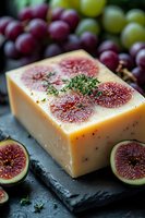 Fresh figs and herbs garnish creamy cheese block on dark slate surface with purple grapes in background, macro food photography for gastronomy.