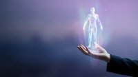 Glowing human hologram floating above open palm against purple gradient background for digital health technology and futuristic medical concepts.