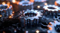 Metal gears and mechanical parts on dark background with orange light reflections, macro photography showing industrial machinery details and technology concept.