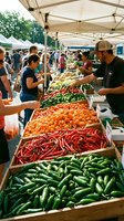 Vibrant outdoor farmers market with colorful fresh peppers and vegetables displayed in wooden crates, vendor and shoppers browsing stalls.