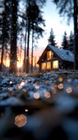 Cozy wooden cabin glowing warmly at sunset through falling snow, surrounded by tall pine trees. Bokeh effects from snowflakes create magical winter atmosphere.