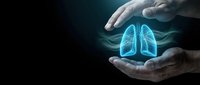 Protective hands surrounding glowing blue lungs hologram representing respiratory health care, medical protection and pulmonary wellness concept.