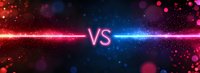 Glowing neon versus text with red and blue light effects on dark background, luminous battle banner with particles and lens flares for gaming or competition design.
