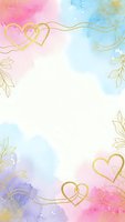 Romantic watercolor background with golden hearts and floral elements in pink blue purple gradient for wedding invitations greeting cards social media posts.