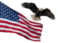 Bald eagle in flight with wings spread wide soaring above waving American flag on white background, symbolizing freedom and patriotism for national holidays and civic designs.