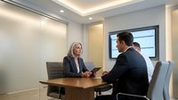 Professional businesswoman meeting with male colleagues in modern conference room discussing strategy and collaboration in corporate office environment.