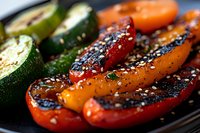 Grilled sweet mini peppers and zucchini slices garnished with sesame seeds on dark plate, close up view showing charred grill marks and fresh vegetables.