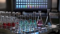 Laboratory glassware with colorful liquids on reflective surface against dark background, test tubes and flasks containing red, blue and purple solutions.