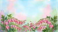 Watercolor bleeding heart flowers with pink blooms and green leaves on a soft pastel background, perfect for greeting cards and spring designs.