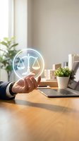 Businessperson holding glowing scales of justice symbol at wooden desk with laptop, plant, and office supplies in bright workspace for legal services and law firm concepts.
