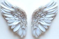 Elegant white feather wings adorned with sparkling silver crystals on light background, symmetrical artistic composition for fashion and decorative designs.