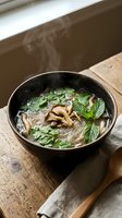 Hot steaming Asian noodle soup with mushrooms and fresh herbs in black bowl on rustic wooden table for restaurant menu design.