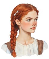 Young woman with ginger braided hair and flower accessories wearing white peasant blouse and brown vest, side profile portrait with soft natural makeup and freckles.