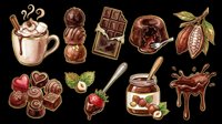 Chocolate themed clipart set isolated on transparent background, featuring hot cocoa, truffles, lava cake, cocoa pod, pralines, hazelnut spread, and more for print on demand.