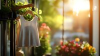 White sleeveless summer top hanging on wooden hanger against blurred garden background with sunlight and blooming flowers creating dreamy atmosphere.