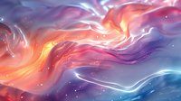 Vibrant fluid art background with swirling orange, purple and blue colors creating dynamic motion effect, glowing light trails and ethereal cosmic atmosphere.