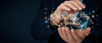 Business professional hands protecting digital network icons with glowing connectivity symbols representing cybersecurity and data protection solutions.