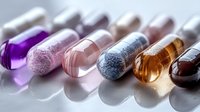 Colorful transparent medical capsules filled with glitter and liquid in purple, pink, beige, blue, amber and brown tones arranged in row on light surface.