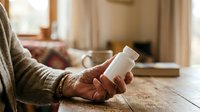 Mature woman holding white medication bottle on wooden table in home interior with warm natural lighting and blurred background.