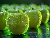 Fresh green apple covered in water droplets on dark surface with magical bokeh lights in background, creating ethereal glow effect. Perfect for healthy lifestyle concepts.
