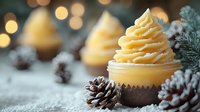 Golden frosted cupcakes with swirled buttercream topped with pine cones and evergreen branches create festive holiday dessert display with warm bokeh lights.