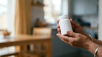 Senior man with dark skin tone holding blank white supplement bottle in kitchen, promoting health and wellness products for mature adults.