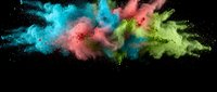 Vibrant multicolored powder explosion with cyan, pink and green dust clouds bursting against black background for creative design projects.