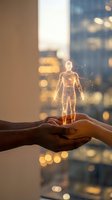 Glowing holographic human figure floating above cupped hands with sparkling light effects and warm bokeh background for healthcare and wellness concepts.
