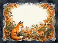 Watercolor autumn frame with a red fox family among oak leaves, acorns, and berries, featuring an ornate border and blank center space for text.