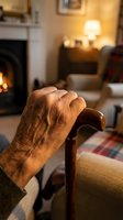 Elderly hand resting on wooden chair arm in cozy living room with fireplace creating warm atmosphere for comfort and relaxation at home.