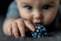 Small curious child reaching for tiny blue flower on gray textured surface, shallow depth of field macro photography with soft dreamy bokeh effect.